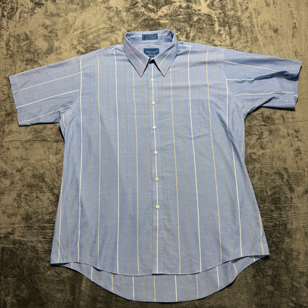 Towncraft‎ Button Up Shirt Mens Large Blue Striped Short Sleeve Wrinkle Free